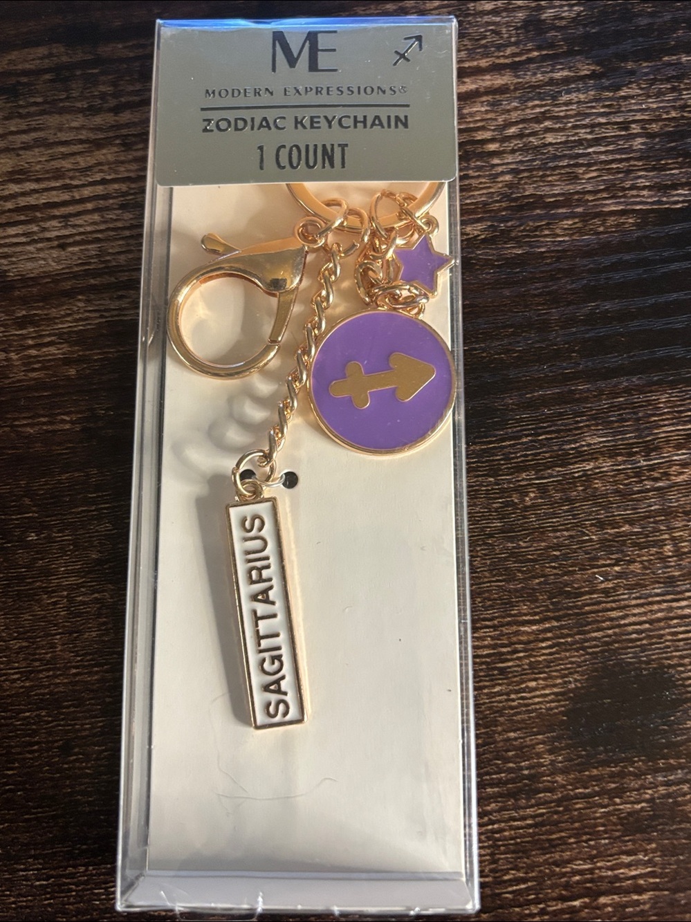 Sagittarius Zodiac Keychain Charm - Purple & Gold Tone